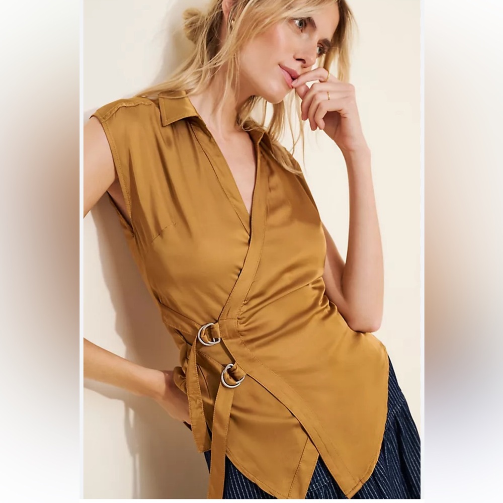 D01.Anthropologie Pilcro Short Sleeve Sash Belt Wrap Top Sleeveless Wrap Blouse